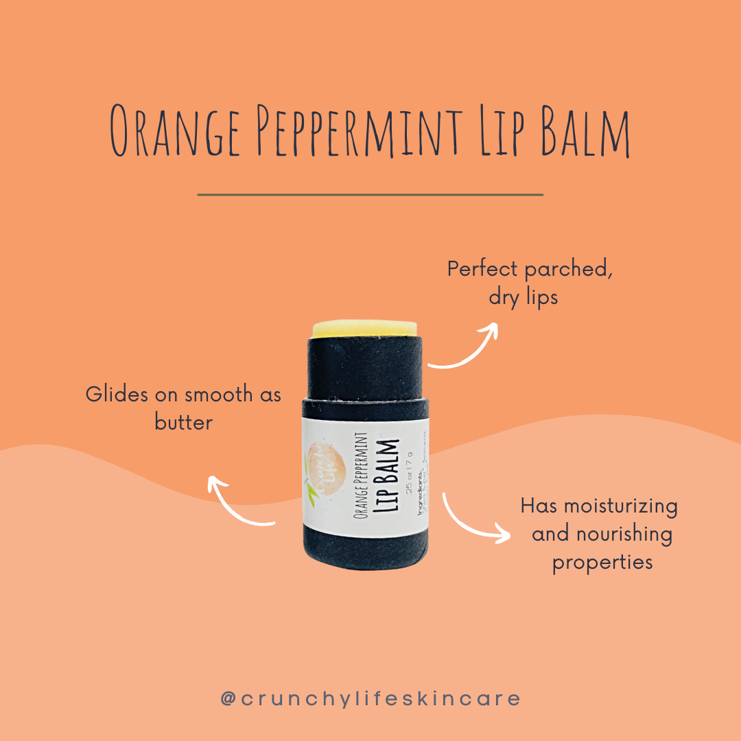 One small, black cardboard lip balm tube without a cap. On orange  background with graphic elements. orange and peppermint